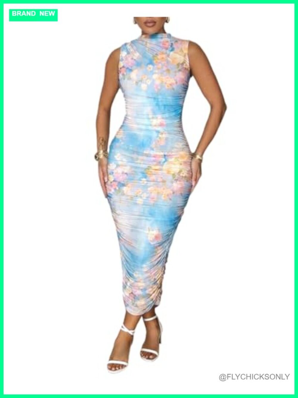 Floral Mesh Midi Dress Bodycon Ruched Sleeveless Mock Neck Semi Formal